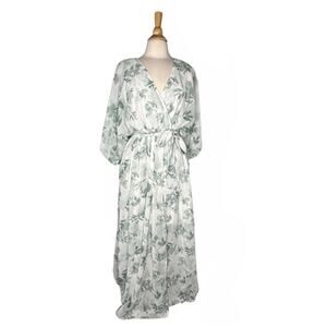 Baltic Born Sage Green Leaf Printed Wrap Maxi Dress Belted Flowy Boho Bohemian